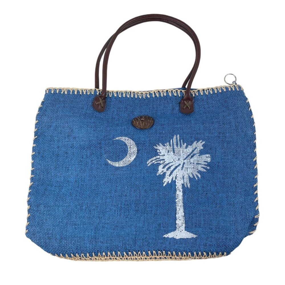 Calypso Studios Blue Burlap Tote Bag With Palmetto & Crescent Moon Design